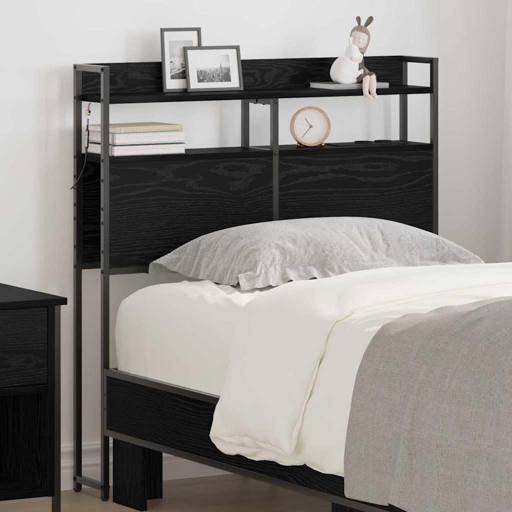 Testiera moderna effetto rovere nero 90 cm di larghezza, in legno con illuminazione a LED e stazione di ricarica per camera da letto