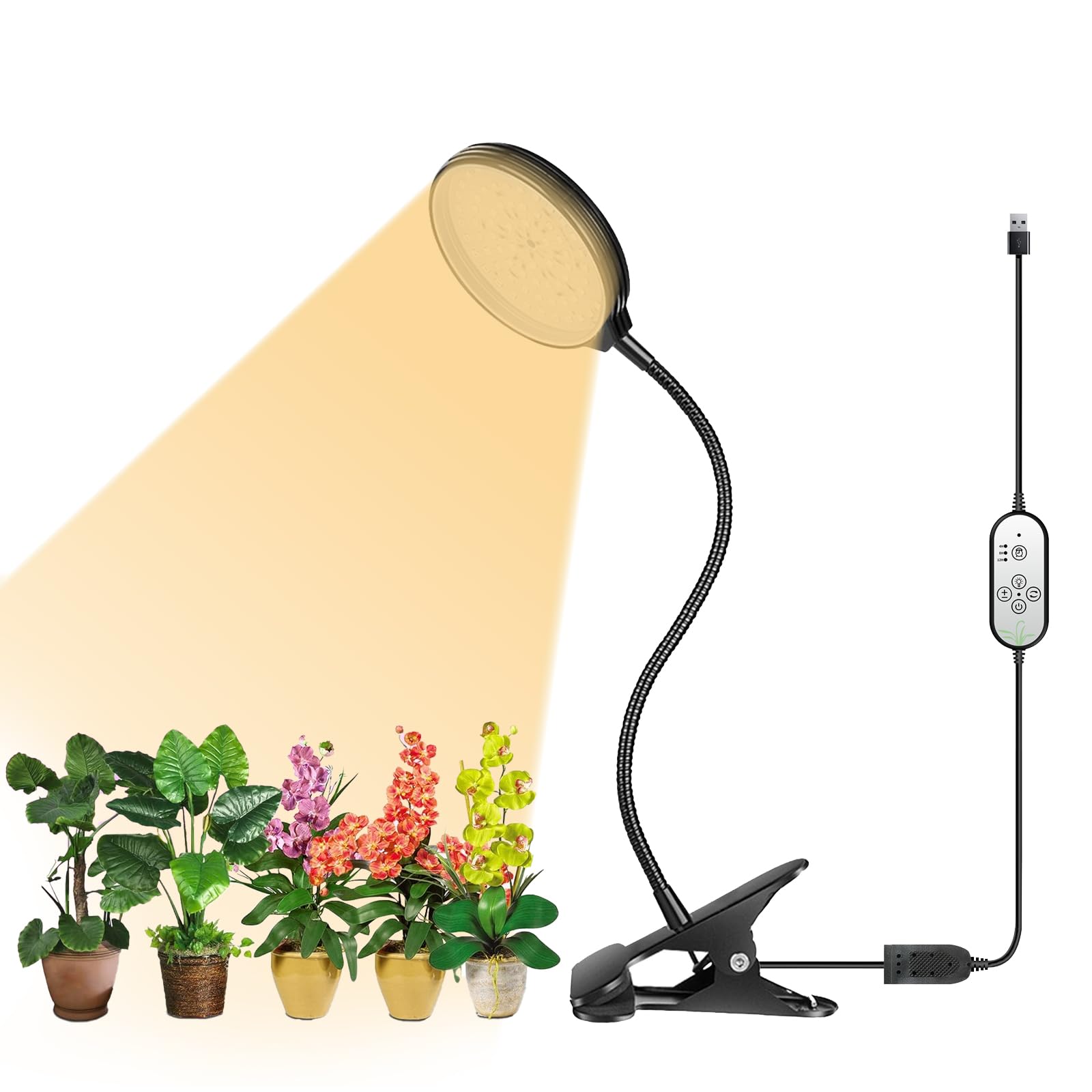 PAVIKE 植物育成ライト 15W LED植物育成灯 タイマー付き 観葉植物 ライト（4 H/8 H/12 H）自動オン/オフ 防水機能 360°調節可能 usb給電 3種類の点灯モード 5段調光 調節可能なグースネック 日照不足解消 多肉植物育成 家庭菜園 室内園芸 水草栽培 野菜工場に適用