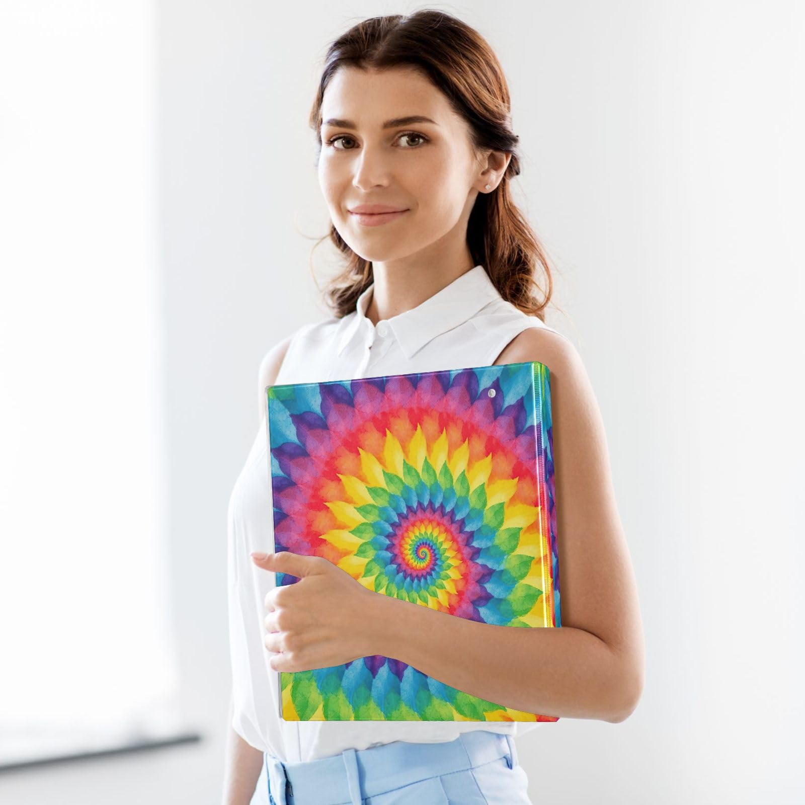 Lot de 2 classeurs à 3 anneaux arc-en-ciel à spirale en D avec poches, grands classeurs à 3 anneaux pour l'école, l'université, le bureau