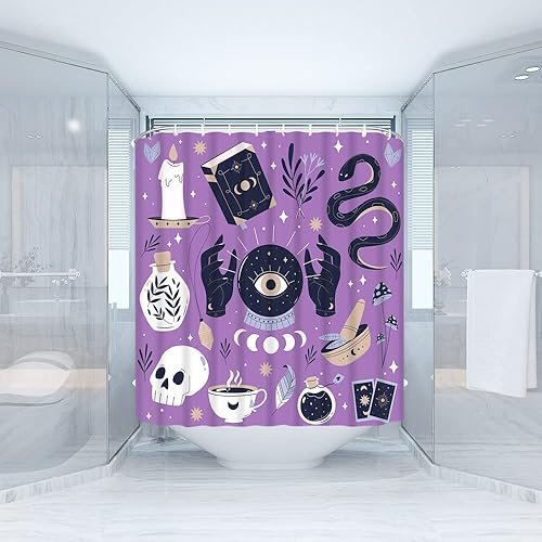 Miniatura 2 de Cortina de ducha de Halloween con diseño de calavera de bruja, mano espeluznante, quiromancia, fase lunar, alquimia gótica, tablero de ouija,