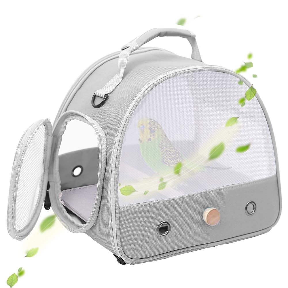 Bird Carrier, Portable Small Bird Parrot Parakeet Carrier with Standing Perch and Soft Support Mat, Side Access Window Collapsible (Grey, Mesh Windows)