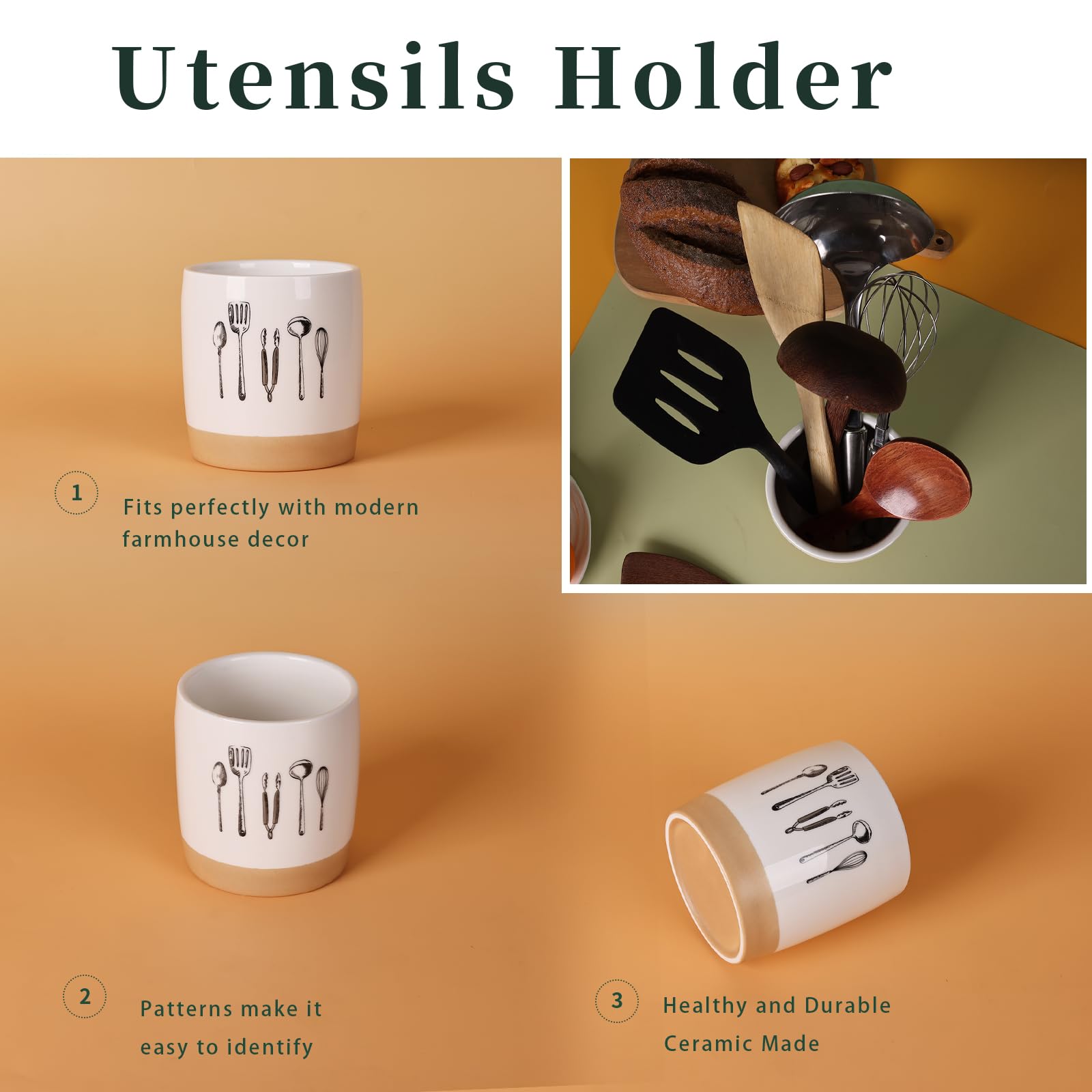 LEETOYI Kitchen Utensil Holder For Countertop, Ceramic Utensil Crock for Cooking Counter, Easy to Clean, 33oz