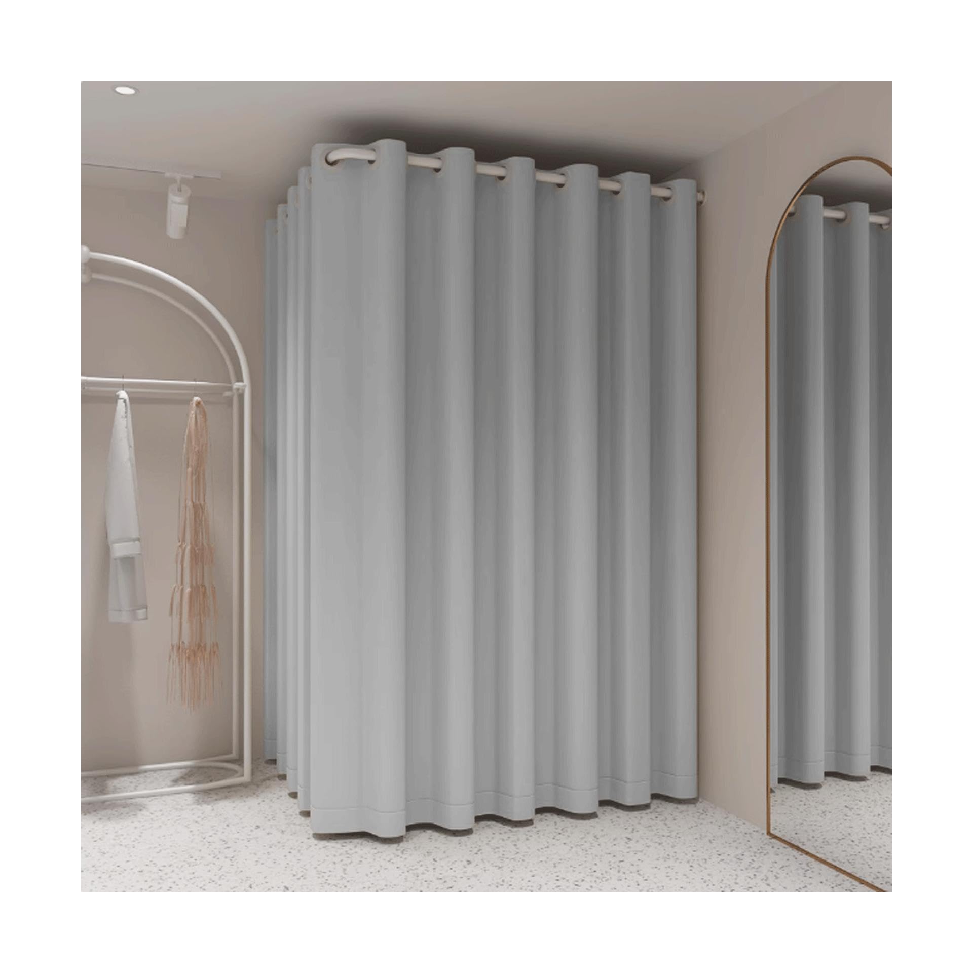 Cabine d'essayage mobile simple et occultante avec vestiaire mural en L
