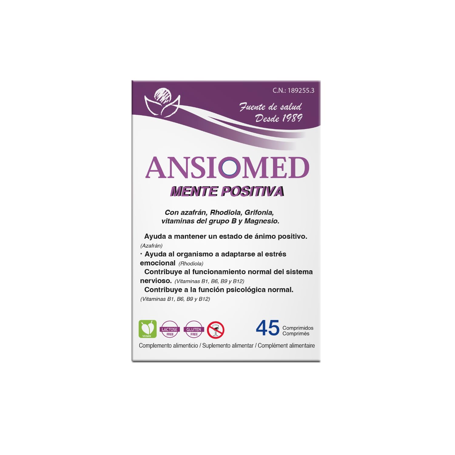 Ansiomed Mente Positiva 45 Comprimidos - Pack de 2 - Ayuda a Mantener un Estado de Ánimo Positivo en Momentos de Estrés - Azafrán, Rhodiola, Grifonia, Magnesio y Vitaminas