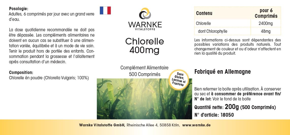 Chlorella 400 mg - 500 comprimés - faciles à avaler - poudre d'algue Chlorella vulgaris - avec chlorophylle - végétalien - grand format | Warnke Vitalstoffe - Qualité pharmaceutique allemande