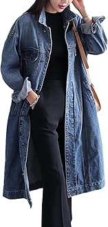 Womens Classic Jean Jacket Plus Size Loose Long Sleeve Button Down Denim Trench Coat