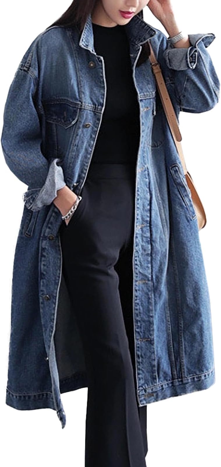 Womens Classic Jean Jacket Plus Size Loose Long Sleeve Button Down Denim Trench Coat
