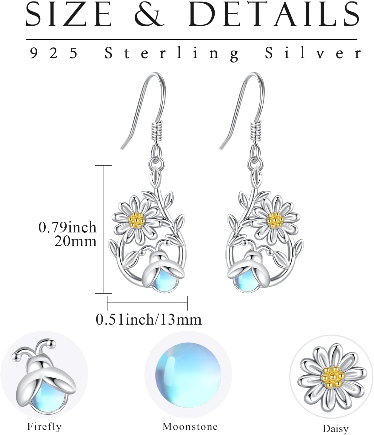 Daisy Earrings for Women Sterling Silver Moonstone Earrings Firefly Earrings Dangle Daisy Earrings Jewelry Gifts for Women