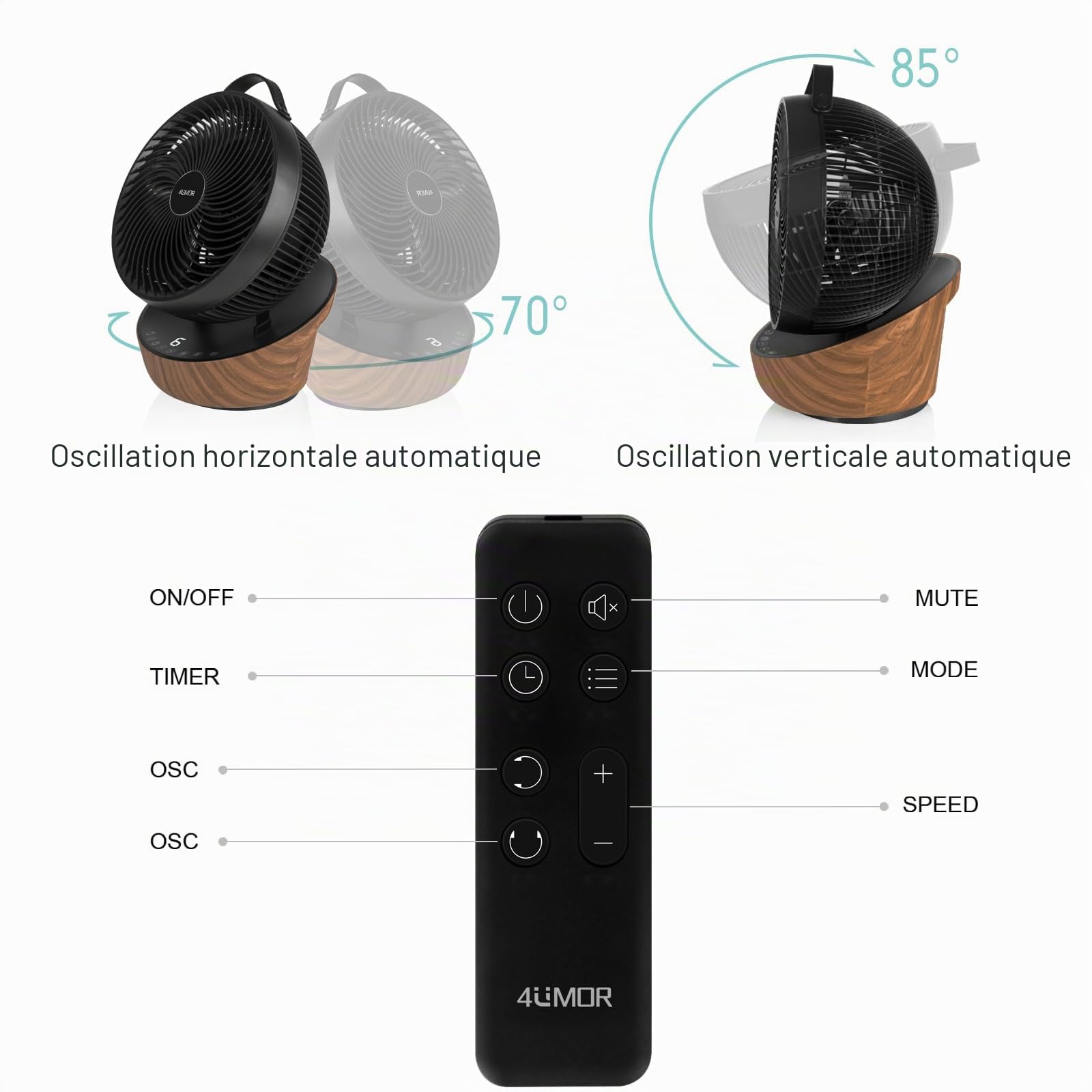 4UMOR Ventilateur Ultra Silencieux 20dB avec Télécommande 1823m³/h Moteur DC 12 Vitesses 8h Minuterie 3D Oscillation Turbo Ventilateur de Table Circulateur d’Air pour Bureau Chambre, Noir