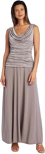 R&M Richards Women's Long Glitter Jacquard Cowl Neck Gown W/Ruched Bodice, V-Bac