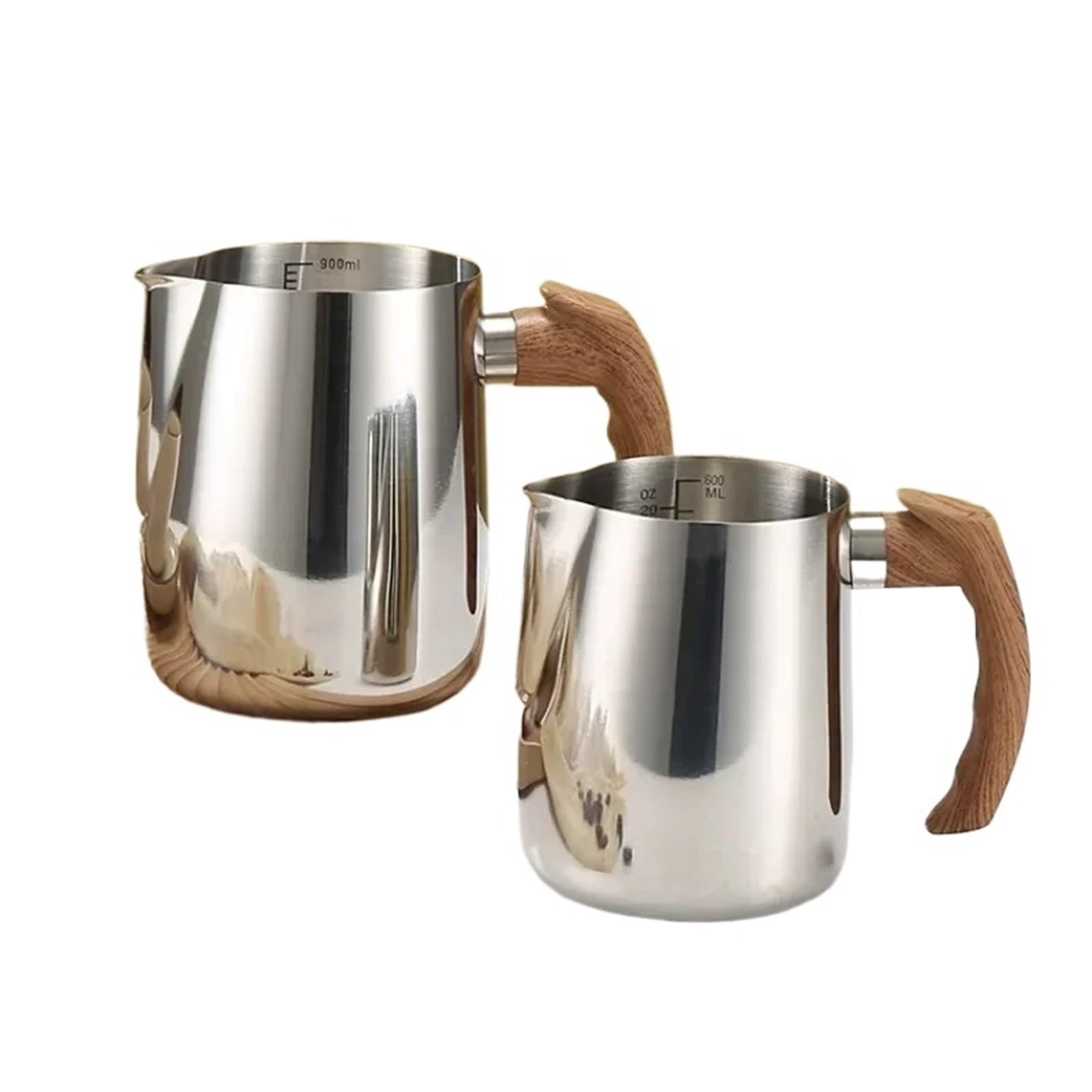 Jarra for espumar leche con escala precisa, mango de madera, taza de café Latte de acero inoxidable, 2 uds. Para café(Silver,600ML)