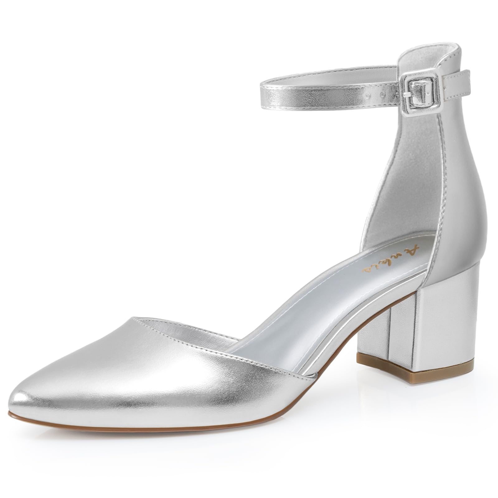 Ankis Closed Toe Heels for Women -Black Nude Gold Silver Pointed Toe Heels Low Block Chunky Women Pumps with Ankle Strap -2.25 Inch