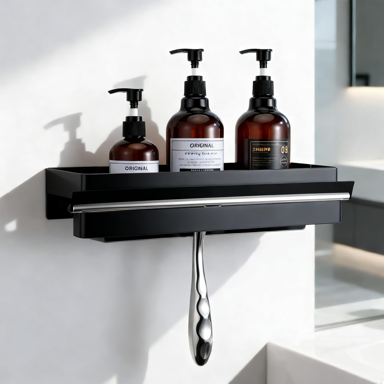 Womamny Bathroom Caddy Balck, 33 cm Adhesive Shower Caddy, Upgraded Stainless Steel Bathroom Shelf Without Drilling, For Window Squeegee, Shampoo, Shower Gel, Razor, Towels