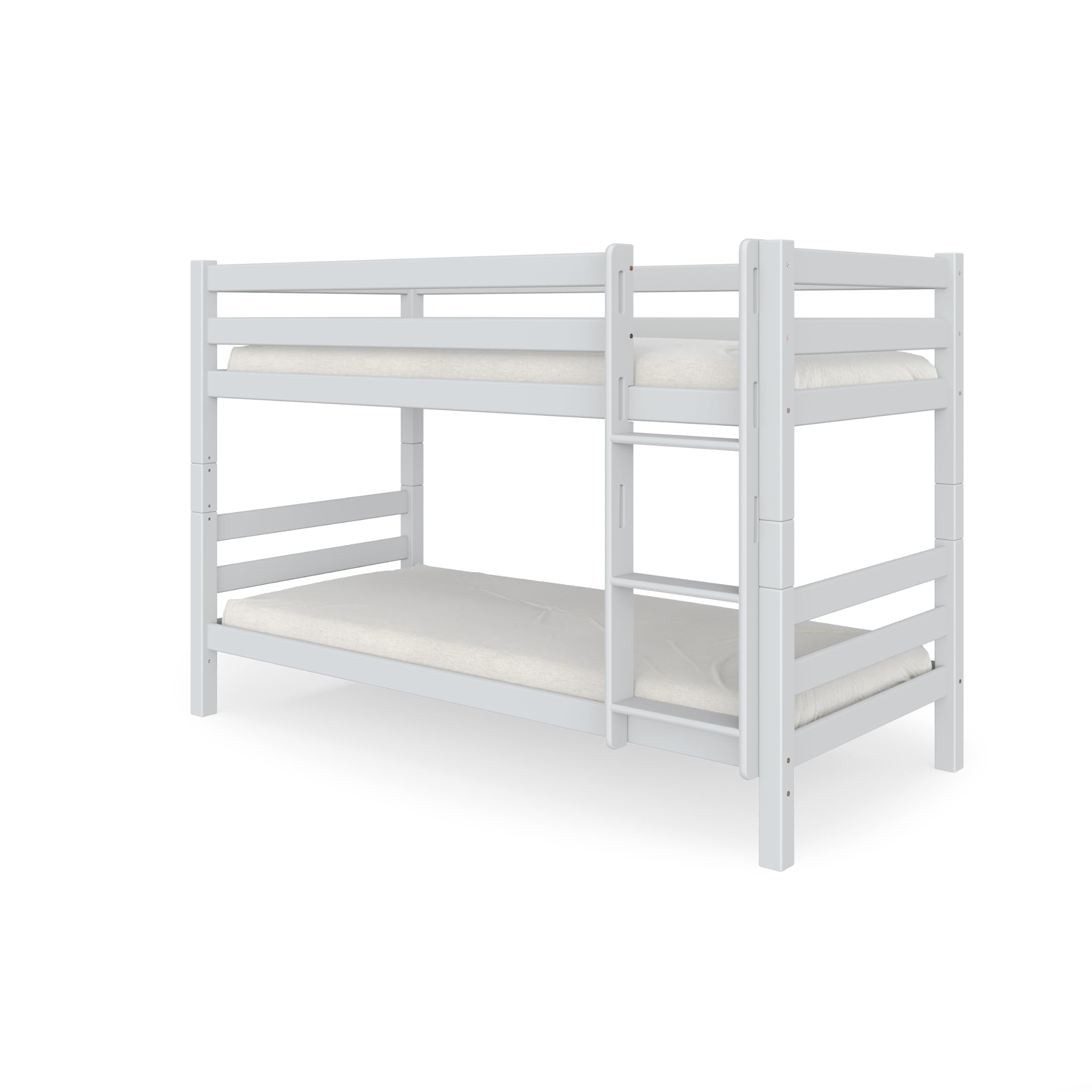f25 - Letto a castello in legno massiccio di faggio, rete a doghe, letto a castello con doppio telaio, senza scivolo, laccato bianco