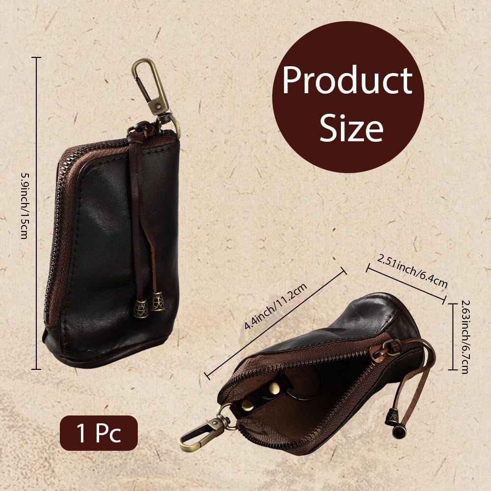 Cowhide Leather Mini Medieval Purse Keychain Middle Age Genuine Leather Zipper Coin Holder Pouch Handmade Travel Change Organizer Wallet Vintage Storage Bag for Halloween Men Women (Coffee) - Image 2