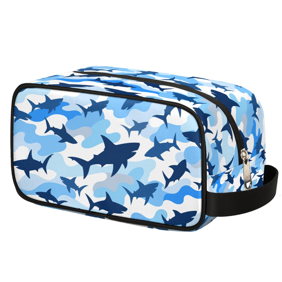Shark Blue Camo Kids Toiletry Bag for Boys Girls Cosmetic Makeup Bag with Handle Travel Shaving Kit Organizer