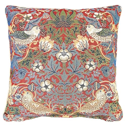 Red Floral William Morris Cushion Cover by Signare | Designer Decorative Sofa Couch Pillow | 45x45 cm | Strawberry Thief (CCOV-STRD)