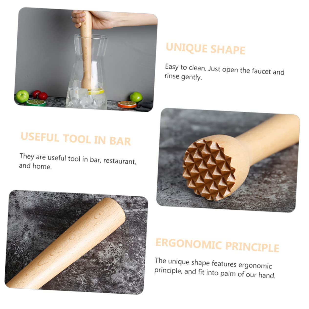 Cabilock 1Pc Beech Muddler Ergonomic Cocktail Mixing Stick for Drinks Smooth Surface for Muddling Ice and Fruits for Mojitos and Bar Use