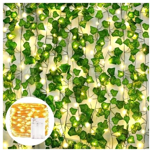 AIOR 12 Pcs Lierre Artificielle Plantes Guirlande Vigne avec lumière 100 LED, 200cm Exterieur Faux Lierre Artificiel Grimpant Fausse Plante Décoration pour Mariage, Célébration, Fête, Jardin, Bureau