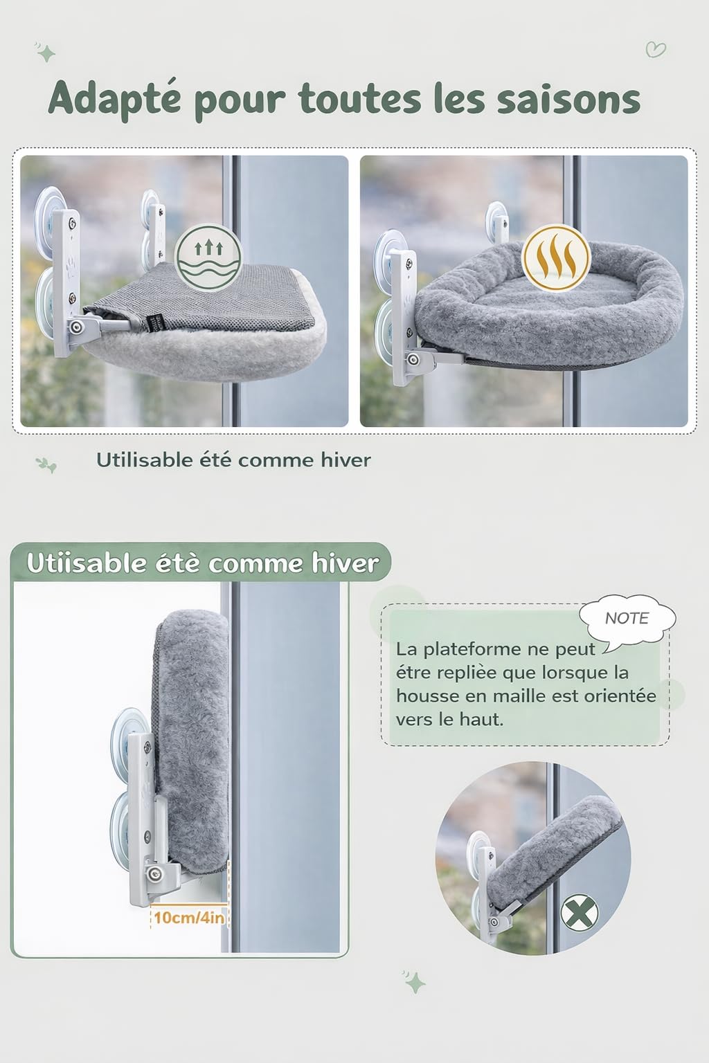 Hamac Chat Fenêtre avec Ventouses Renforcées – Lit Suspendu Réversible Été/Hiver – Perchoir Stable Jusqu’à 18 kg – Couchage Pliable en Hauteur – Taille L/XL – Blanc ou Gris (Gris, Large)