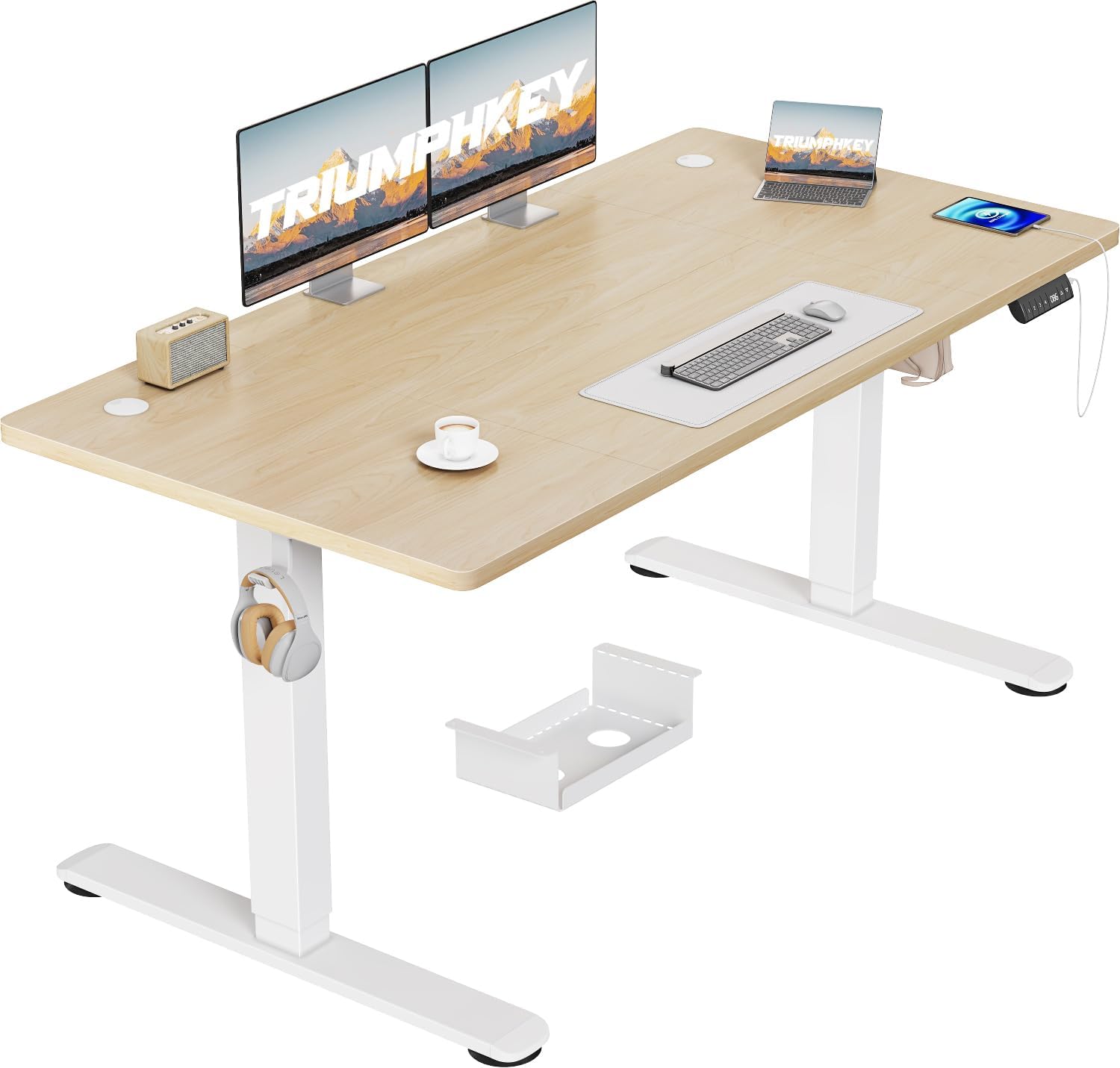 TRIUMPHKEY Electric Standing Desk 140x70cm Height Adjustable Desk with 3 Memory Smart Pannel with USB Charging for Home Office Rising Electric Table(Beige&White)