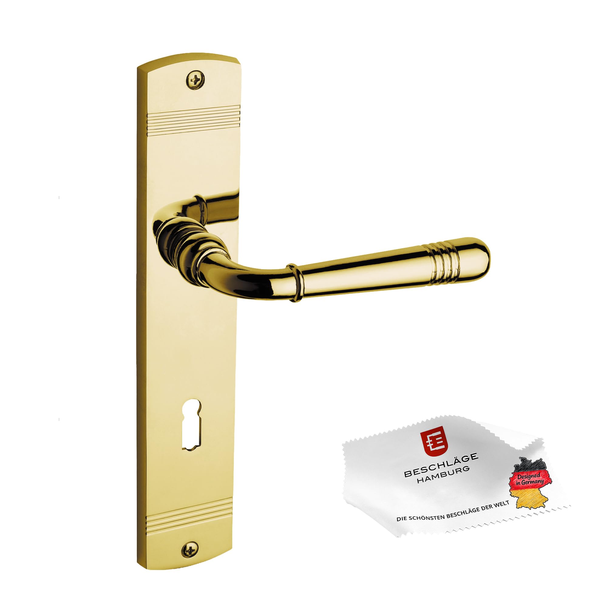 Beschläge Hamburg | Türgriffe Türbeschlag | Emily MPu PVD BB | Türklinken mit Buntbart Langschild 45 x 235 x 8 mm für Zimmertüren | Drückergarnitur/Türdrücker für Innentüren | in messingfarben PVD