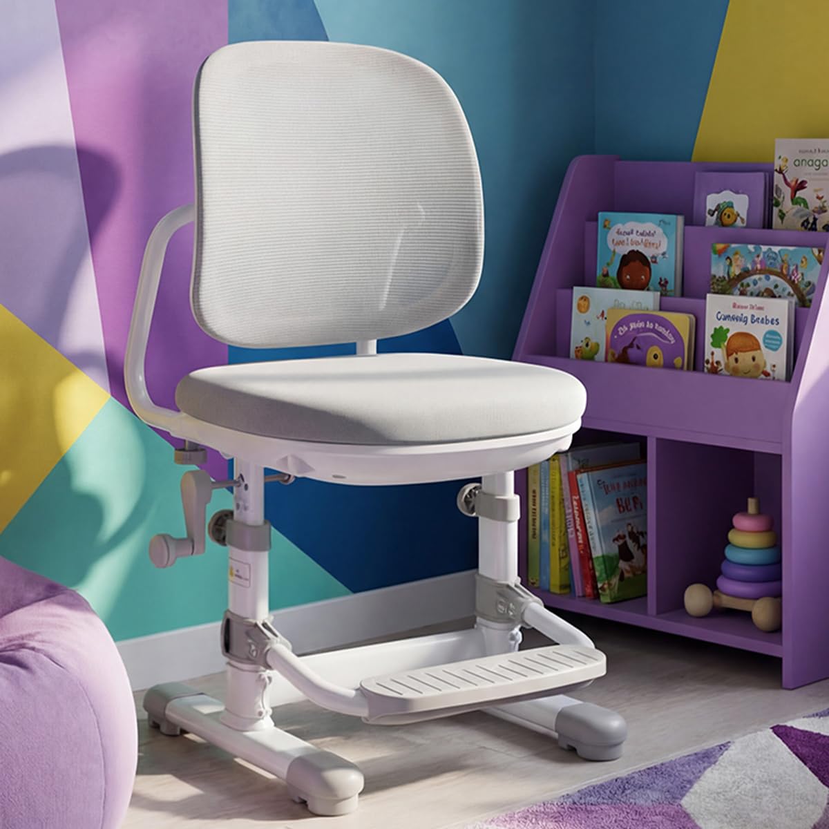 Spacetronik Schreibtischstuhl Kinder ohne Rollen, Kinderschreibtischstuhl Höhenverstellbar 37–51 cm, Kinderstuhl Schreibtisch mit Fußstütze & Mesh Rückenlehne, Stabiler Lernstuhl Kinder, Grau