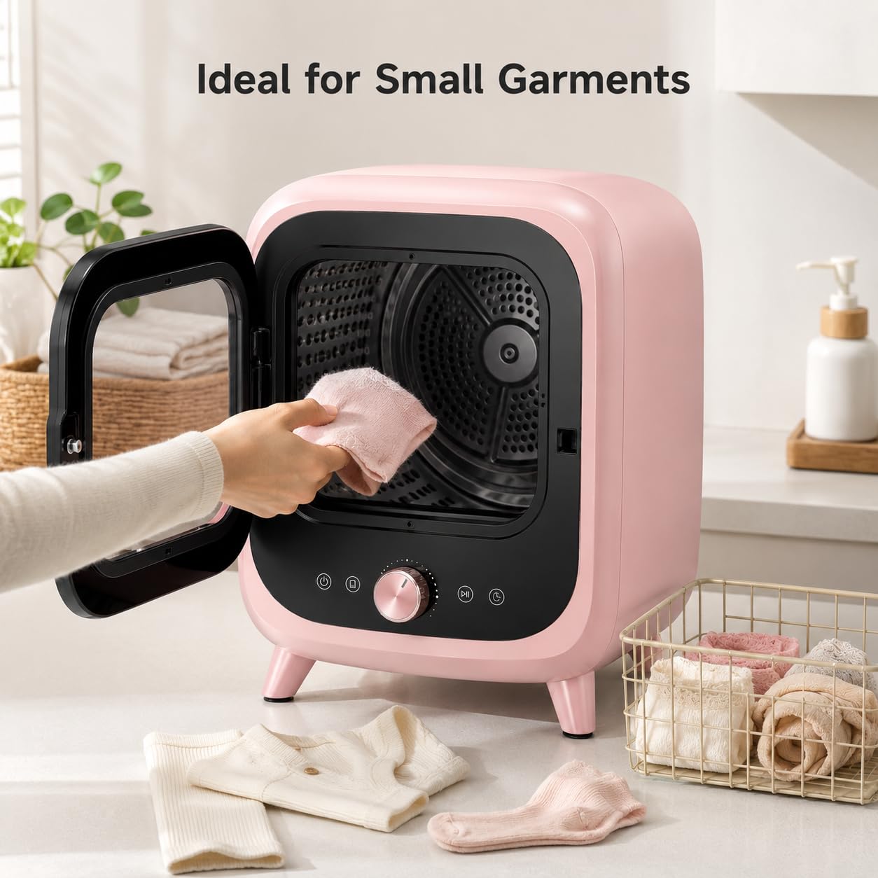 Mini 0.8 kg belüfteter Wäschetrockner, 450 W, 4 Programme, Pink | Edelstahltrommel, 35 dB Betrieb, Heiß- und Kalttrocknung, Timer-Steuerung und transparente Frontladertür