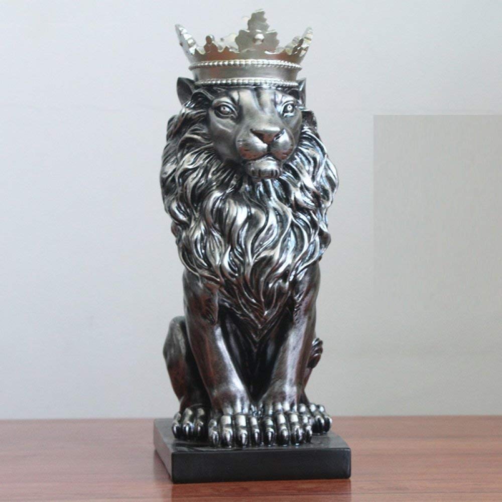 Statue lion couronné argent : mini sculpture en résine pour déco bureau et étagère