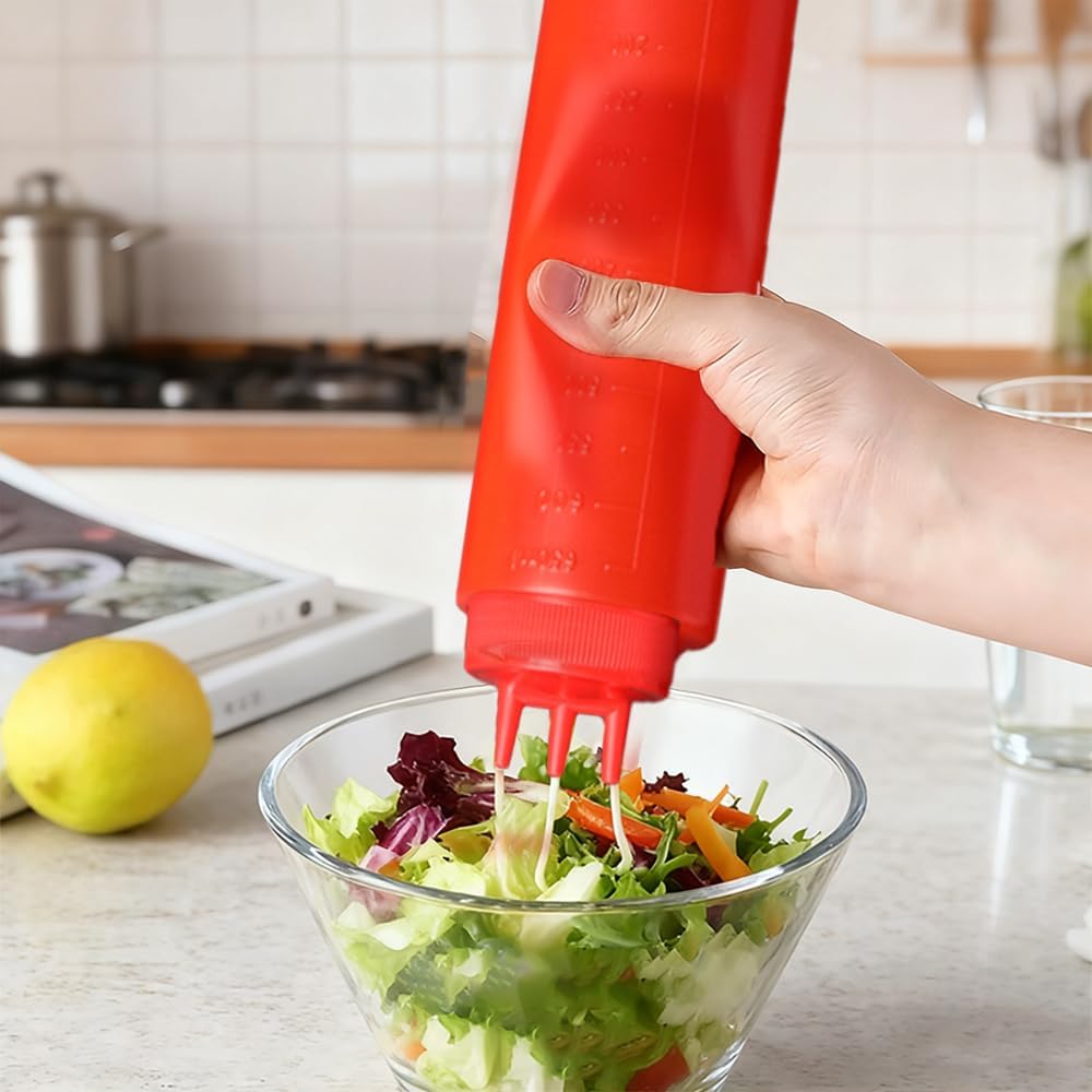 10oz/300ml Plastic Squeeze Bottles 3-Hole Squirt Condiment Bottles Tomato Sauce Dispensers - Red