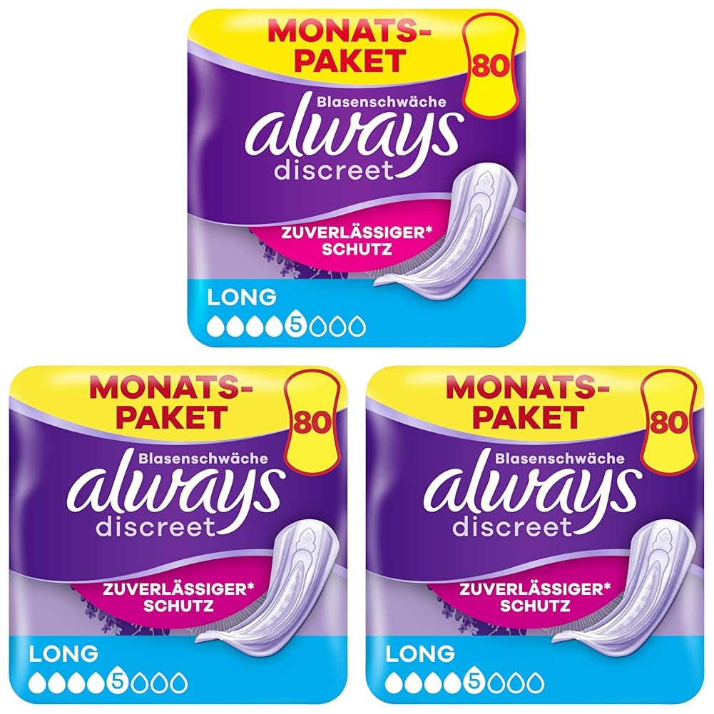 Always Discreet Inkontinenzeinlagen Long, 80 Binden (4 x 20 Stück) Monatspaket, diskreter Schutz & hohe Saugstärke, geruchsneutralisierend (Verpackung kann variieren) (Packung mit 3)