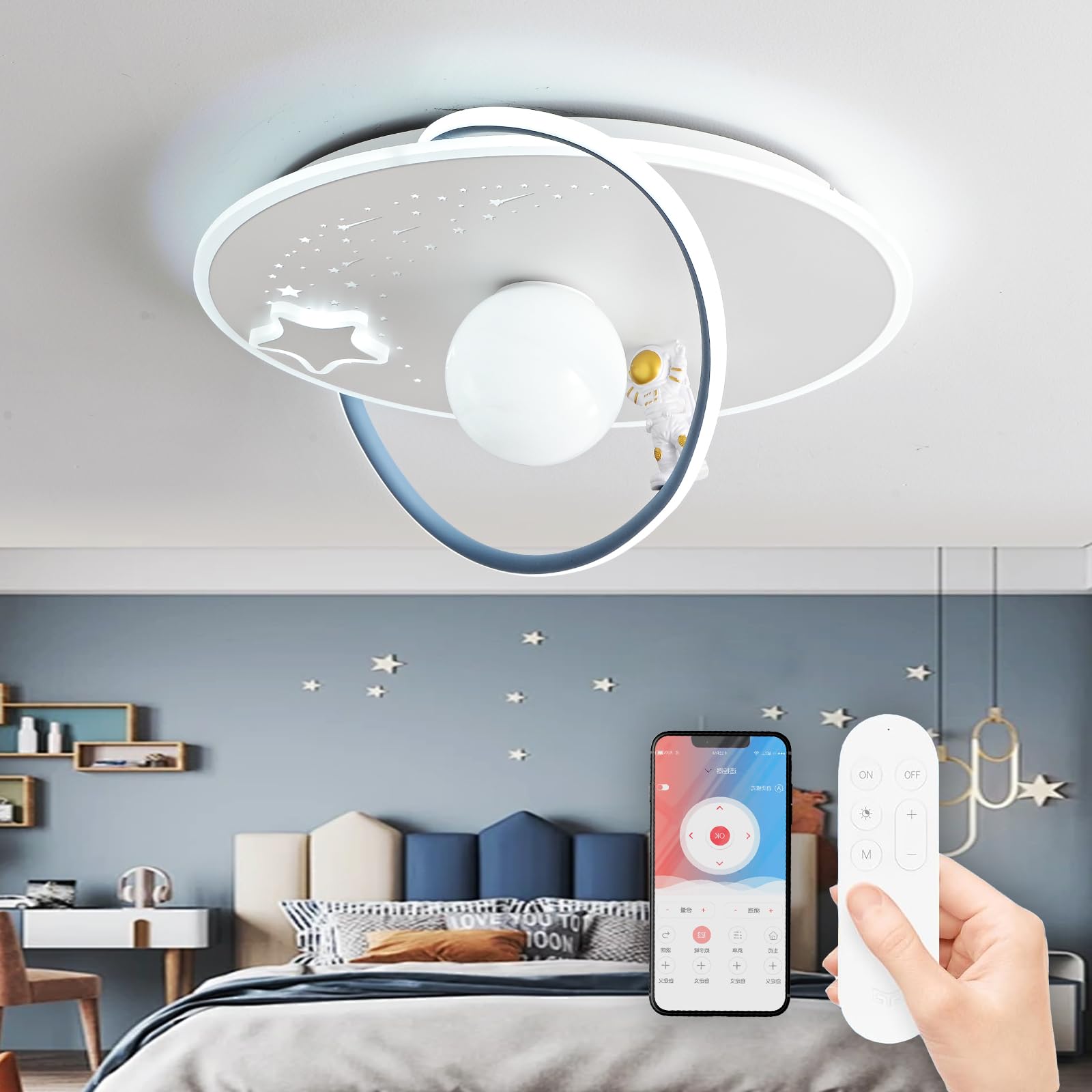 RRBEST LED Plafoniera Dimmerabile Bambini, Lampada da Soffitto con Telecomando, Lampada Soffitto Camera da Letto Astronauta, Cartoon da Creativa per Bambino Ragazzi, 3000-6000K, Ø50CM