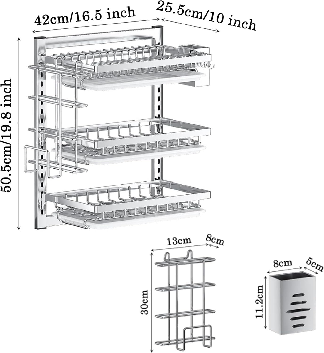 Escurreplatos de pared, con barra de 40 cm, con bandeja de goteo extraíble de acero inoxidable para colgar, plegable en portavasos, estantes