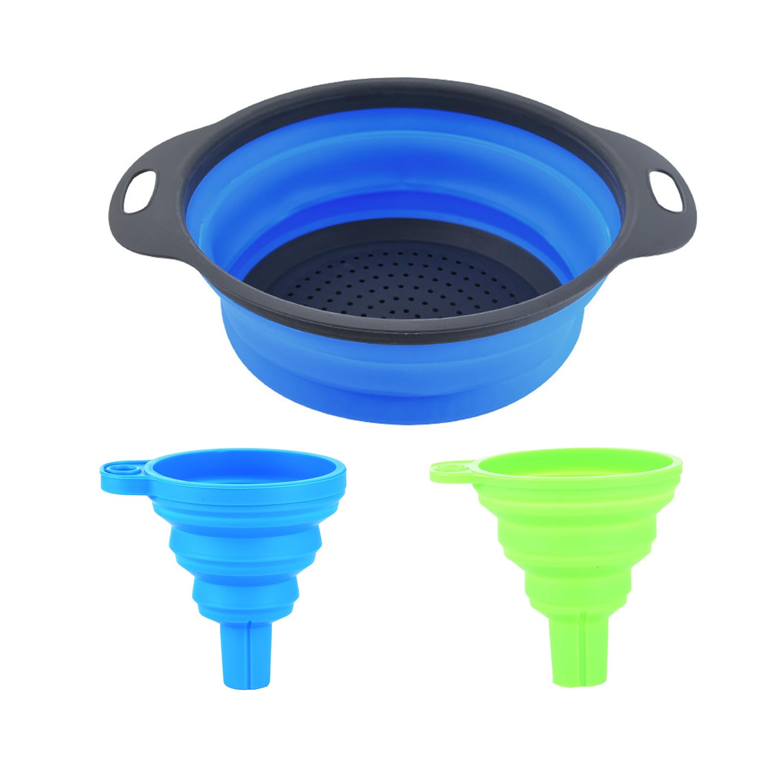 JCUGSBS Coladores Cocina Plegable de Silicona, Escurridor Colador Plegable con Asa, Coladores de Alimentos,2 Piezas Embudos Plegables,Cesta de Drenaje para Escurrir Pasta, Frutas, Verduras