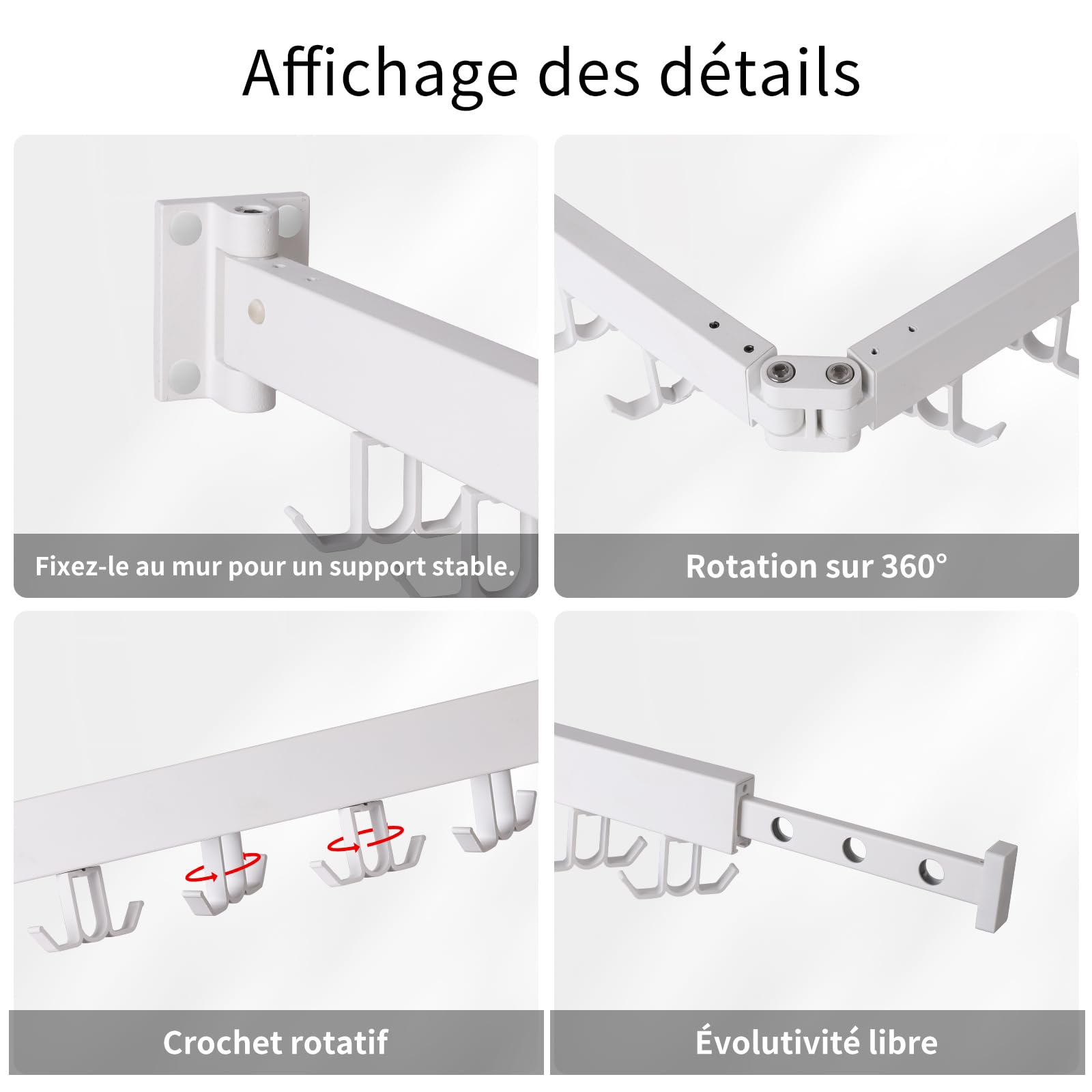 RFOUO Étendoir À Linge, Étendoir À Linge Mural, Séchoir À Linge Pliable, Étendoir À Linge Extensible, Convient pour Les Balcons, Buanderies, Salles De Bains Et Chambres (Blanc, 3 Plis)