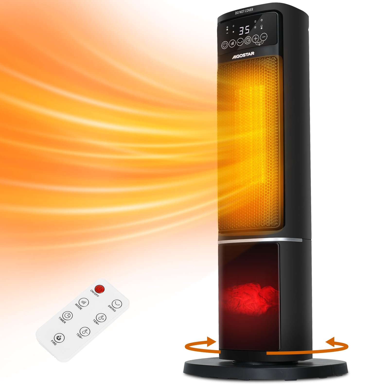 Aigostar Electric Fireplace Heater with Flame Effect - 2000W PTC Ceramic Space Heater with Oscillation, 24H Timer, ECO Mode, Remote Control, Adjustable Thermostat & Safety Protection - Ayden