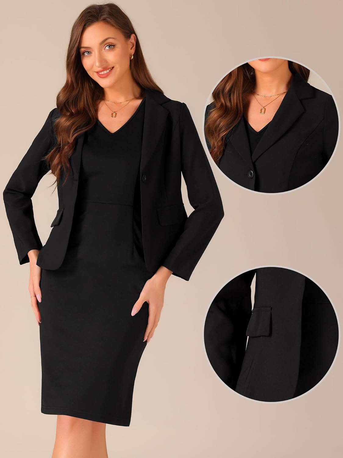 Allegra K Business Dress Suit Sets for Women's 2 Piece Outfit Work Office Notched Lapel Jacket Blazer Solid V Neck Dress