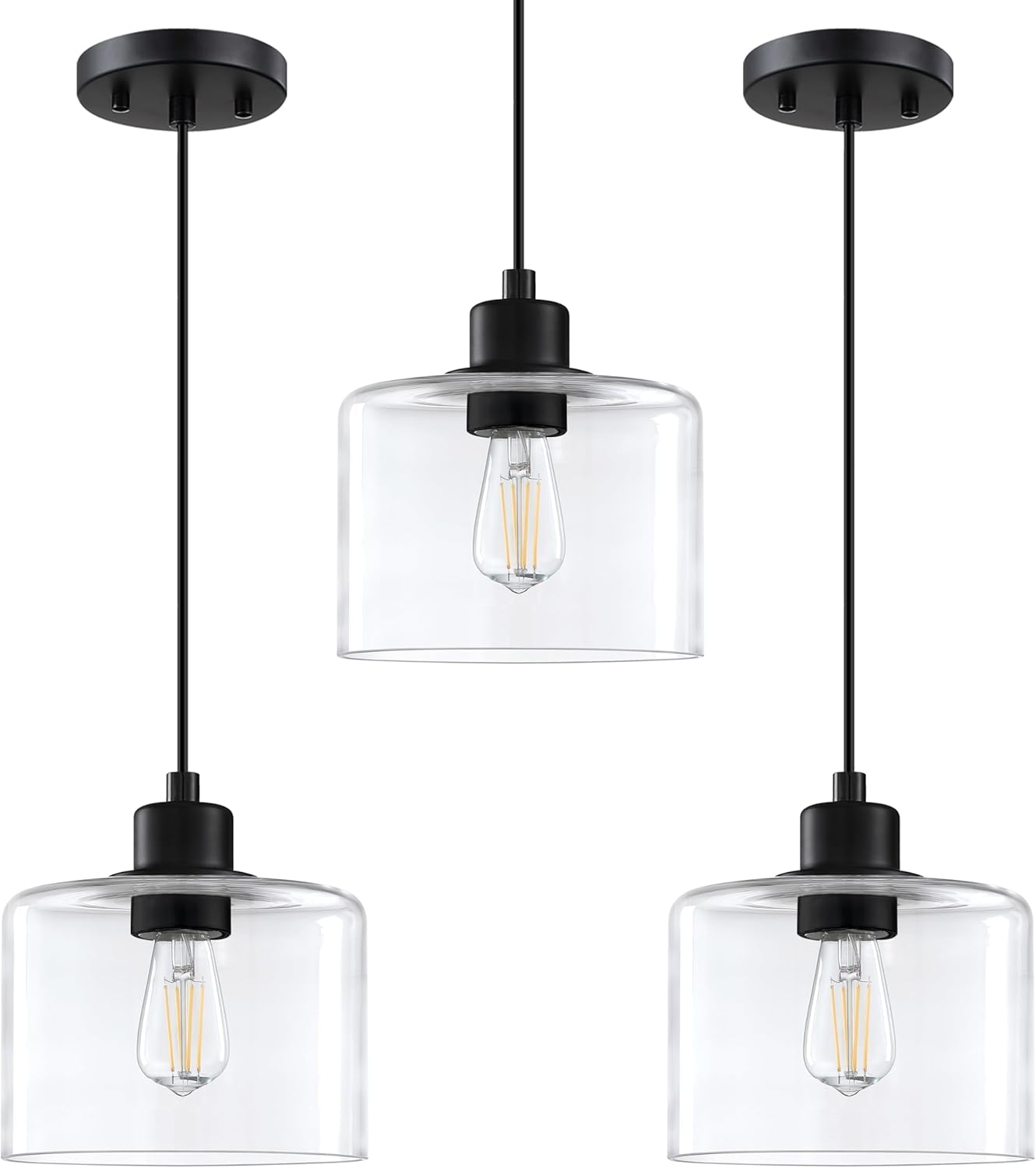 3 Pack 1 Light Modern Kitchen Island Pendant Light 7.3 Inch Clear Glass Black Finish Pendant Lamp,Farmhouse Hanging Light Fixture for Kitchen Island Dining Room Bedside 3 Pack 7.3" Clear Glass