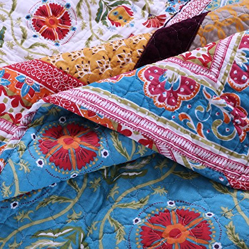 Quilt Set 100 Cotton 3 Piece With Shams King Size Reversible Retro Bohemian Style Printed With Flowers Mandala Medallion Geometric Pattern Blue Red Yellow Luxury Bedding - Includes Bed Sheet Straps #TOP3
