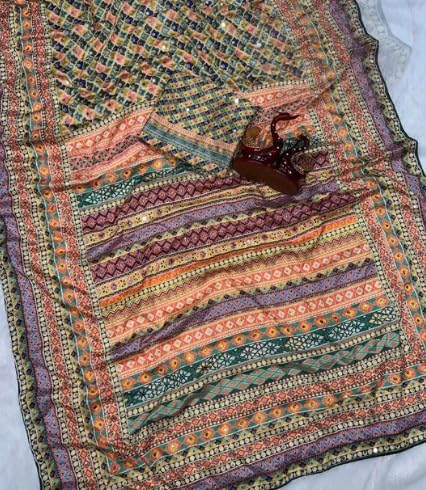 Image of Women's Chinon Silk Saree with Printed Design, Mirror Work & Zari Woven Detailing | Ethnic Wear Saree with Unstitched Blouse Piece | Traditional Festive & WeddingWear