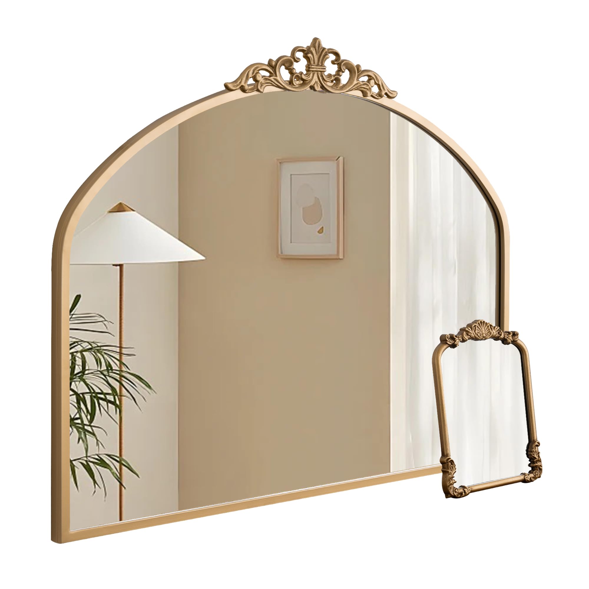 1 Set Vintage Mirror 36x29 Gold Antique Mirror Baroque Arched Ornate Traditional Brass Mirror and 8.5x12 Vintage Vanity Makeup Desk Table Mirror for Bathroom Entryway Living Room Hallway Fireplace
