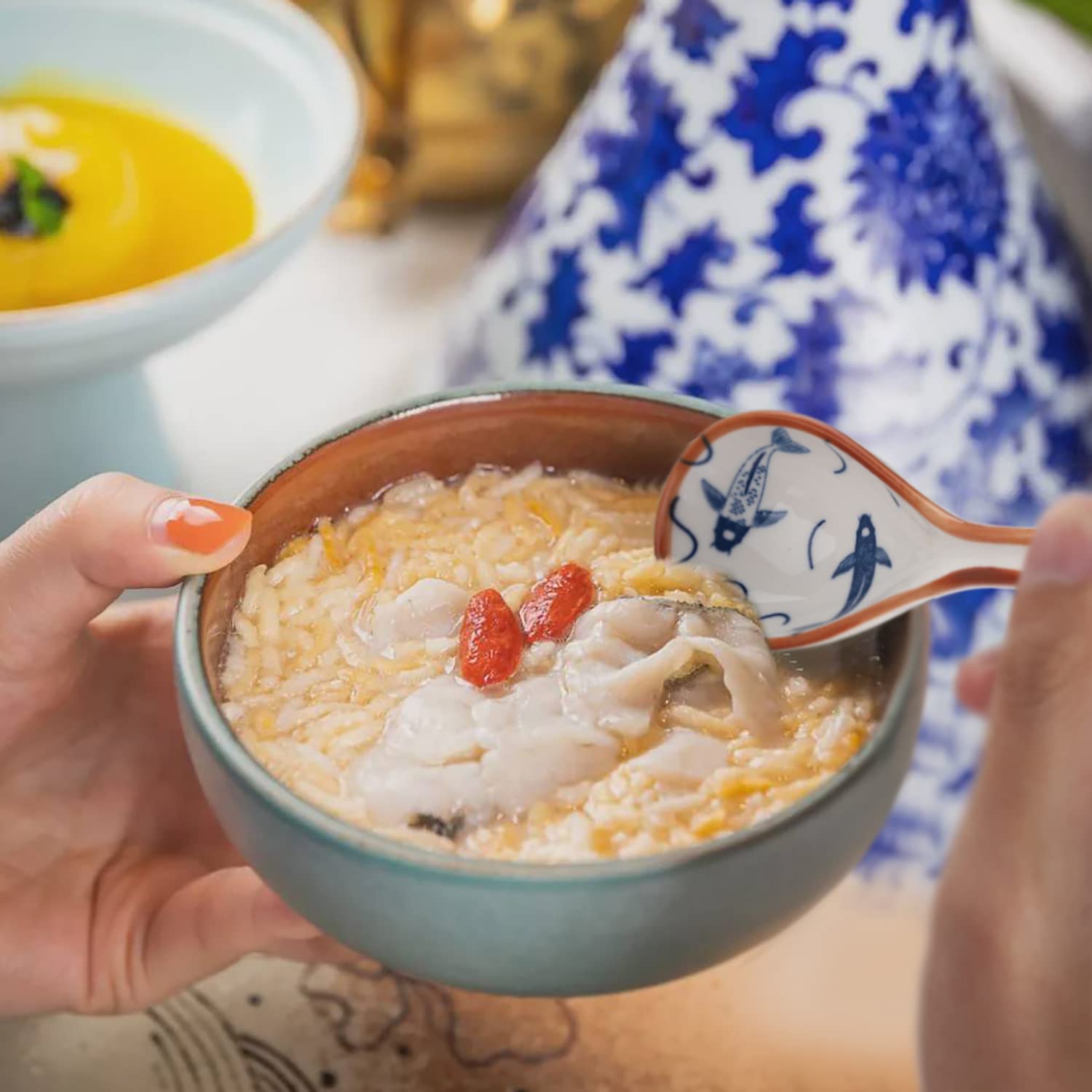 Lot De 4 Cuillères à Soupe Japonaises – Porcelaine à Long Manche, Style Rétro