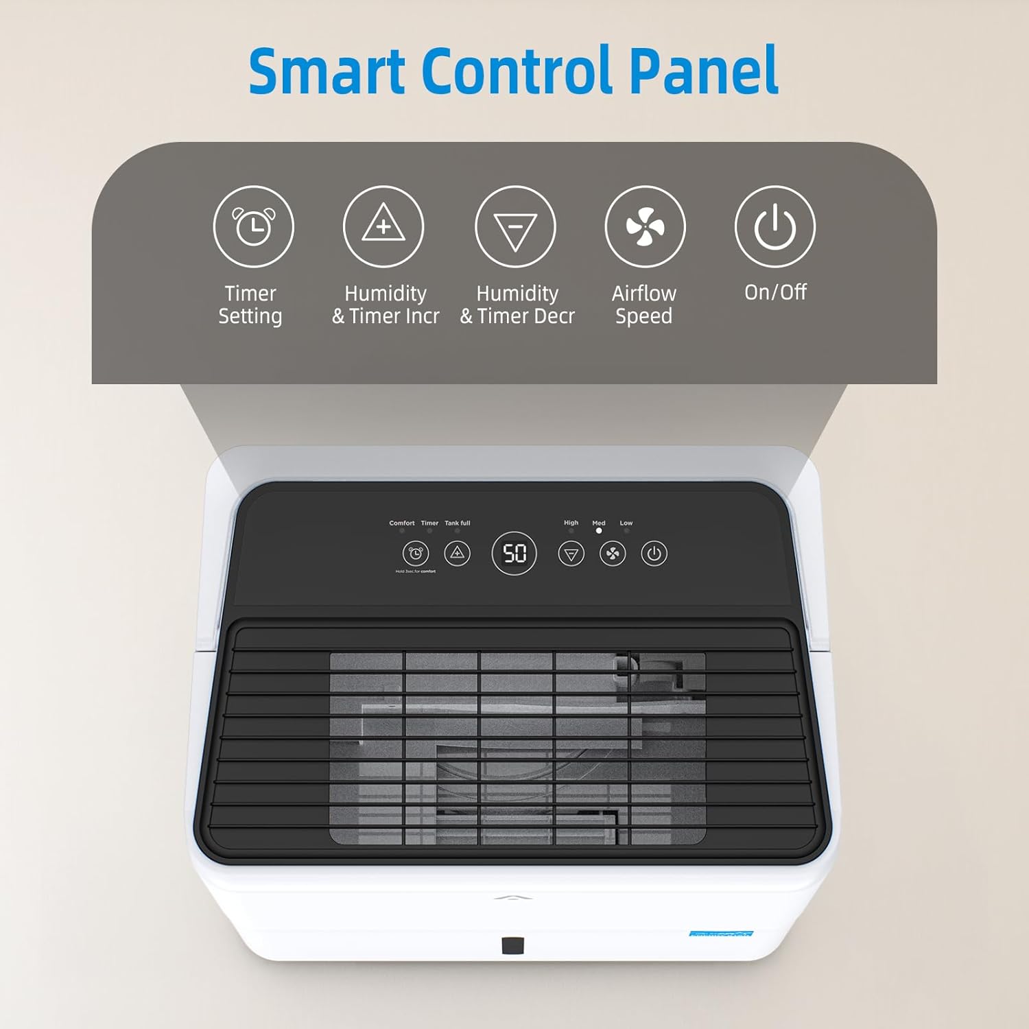Close-up of the Acekool Dehumidifier's smart control panel with various buttons