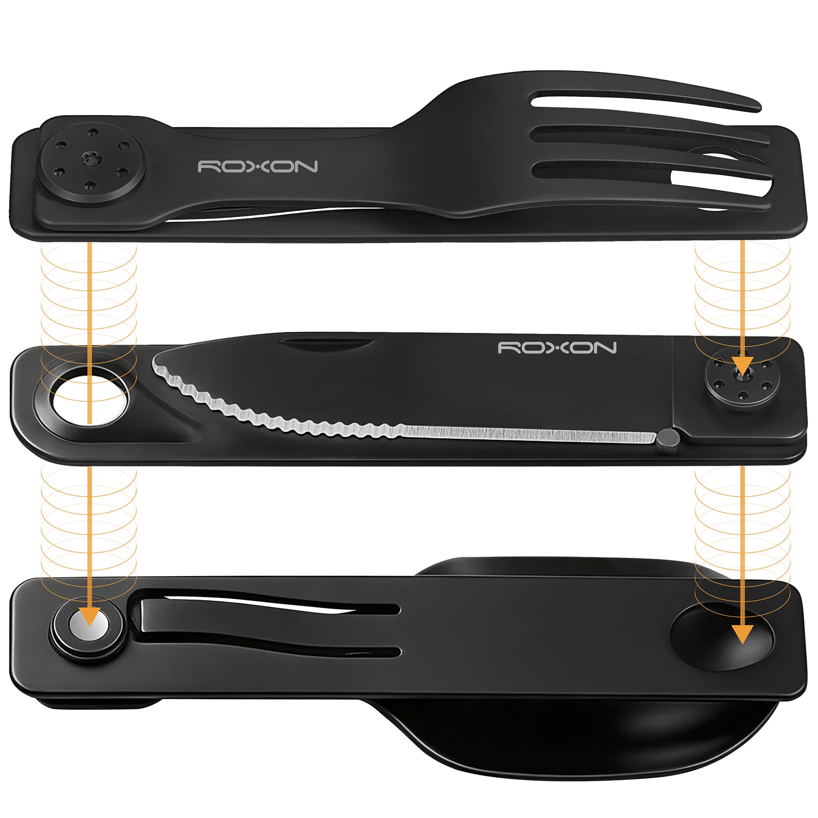 ROXON 3-in-1 Knife Spoons Fork Camping Utensils Set with Case Black