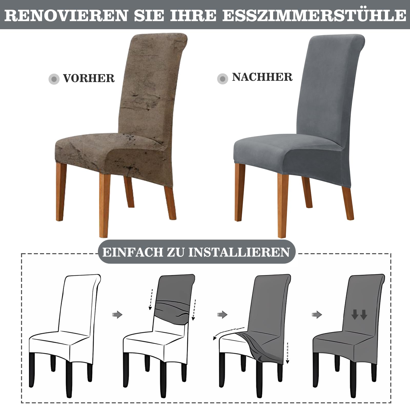 Alishomtll Coprisedia in velluto XL, set da 6 pezzi, universali, elasticizzati, per sedie basculanti, grandi e lavabili e rimovibili, per cucina, banchetti, matrimoni, feste (grigio, 6 pezzi)