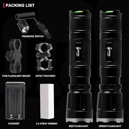 Miniatura 8 de 2 linternas LED de caza de 382 yardas, luz depredadora, luz roja verde con zoom de largo alcance, con interruptor de presión y kit de montaje de