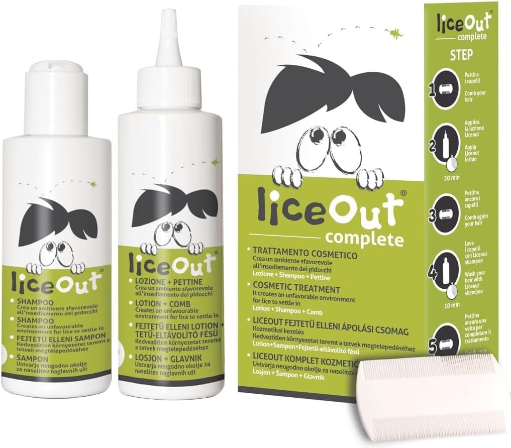 LICEOUT Shampoo e Lozione Pidocchi Bambini. 2x125ml+Pettine | Trattamento Naturale e completo contro lendini e uova. Senza pesticidi. Include il pettine speciale per la rimozione