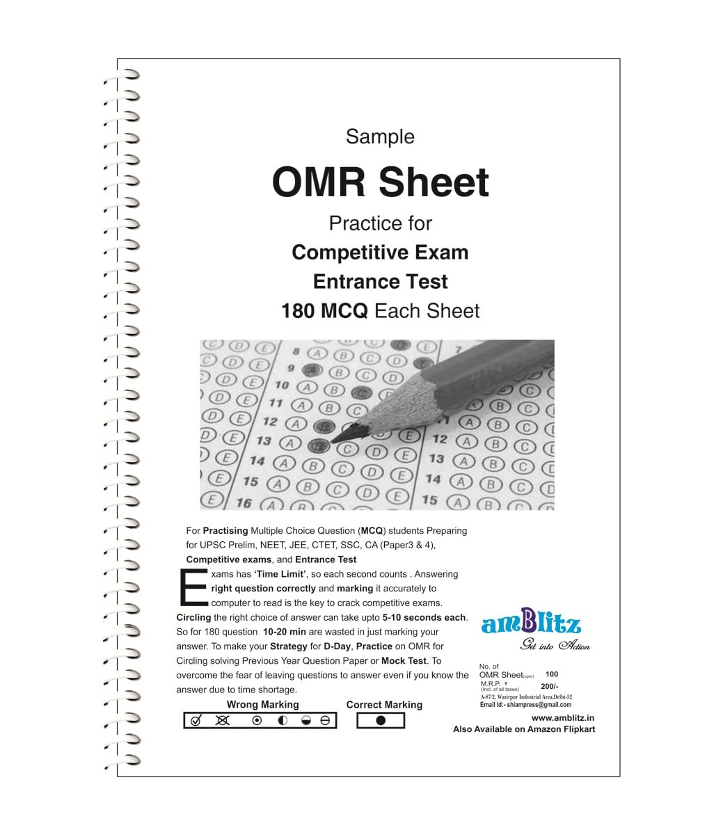 amblitz NEET OMR Sheet | 180 MCQ |100 OMR Sheets to attempt Questions Upto 180 MCQ's | Spiral Notebook | Aspirant | For Practice and Time Management | A4 Size |