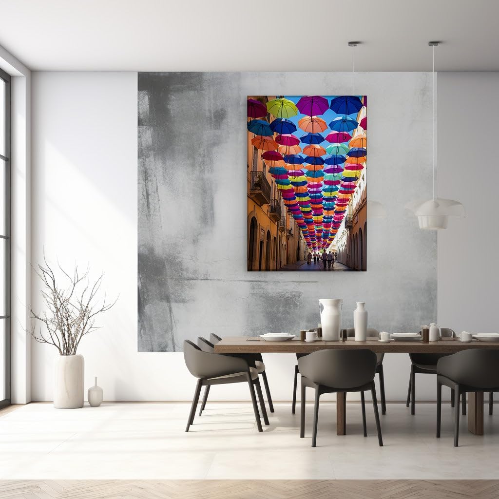 Canvas for Living room. Umbrella Canopy Transforms Urban Street into a Kaleidoscope of Color, 27 x 18 inch Canvas Wall Art - Modern Home Decor - 69x46 cm (27x18 inch)