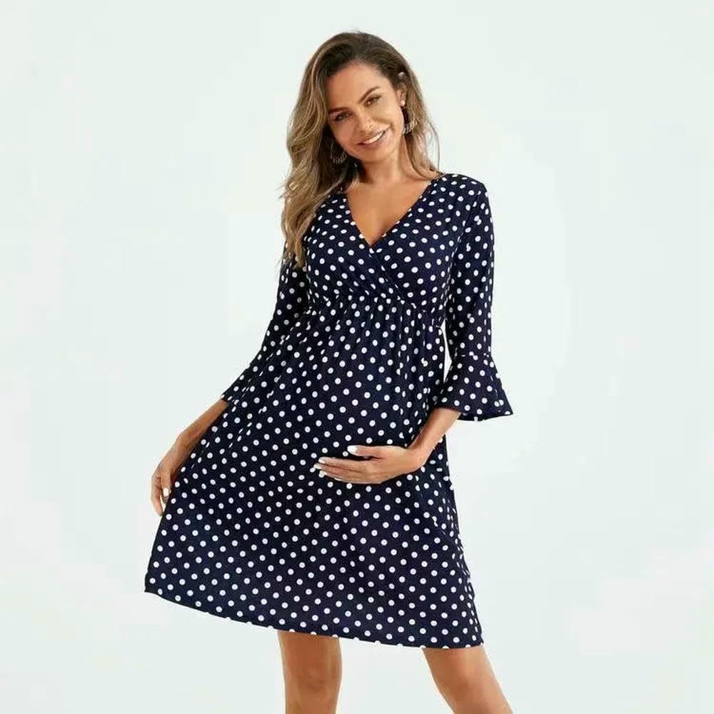 JJDFW Mode Schönes Rot Blau Polka Dot Umstandskleid Mutterschaft Kleid Schwangere Stillkleidung Stillkleider Sommer